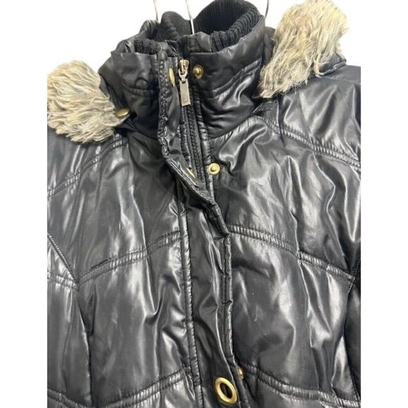 Classic Elements Outerwear Y2K Black & Gold Quilted Faux Fur Hood Women Jacket L - Picture 3 of 8